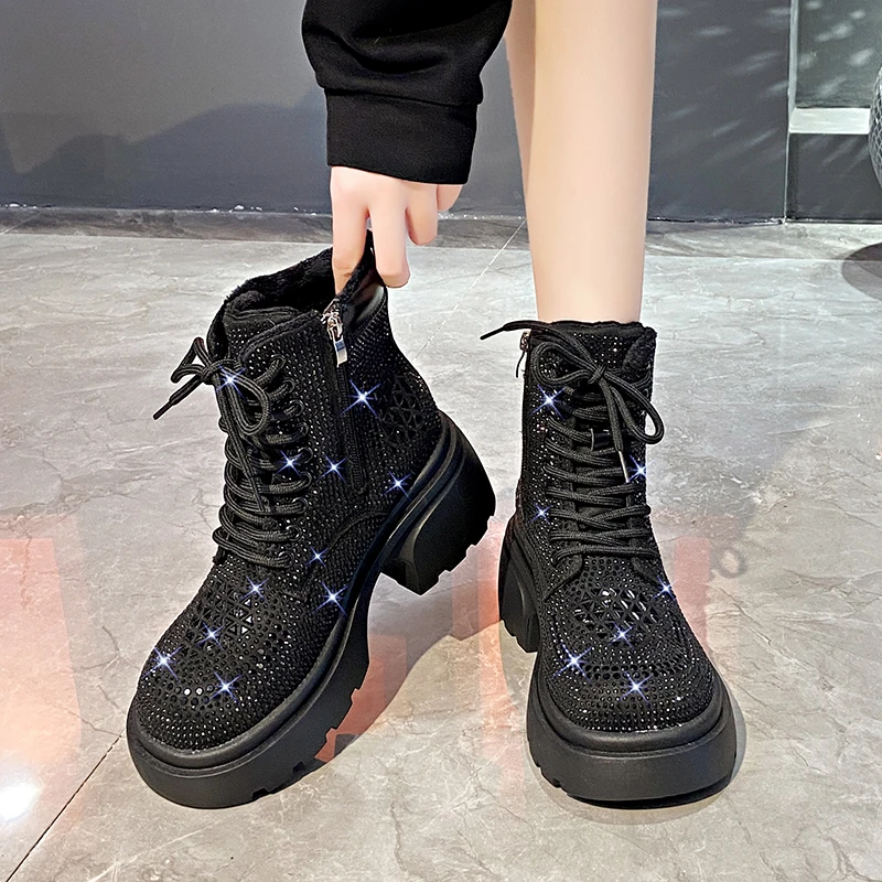 Crystal Platform Women Snow Ankle Boots Luxury High Heel Shoes Women 2024 Trend Winter New Cozy Sneakers Lace-up Female Botas