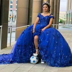 Royal Blue Ball Gown Quinceanera Dresses 3D Flowers Appliques Princess Birthday Sweet 16 Gown Off Shouler Vestidos De XV 15 Años