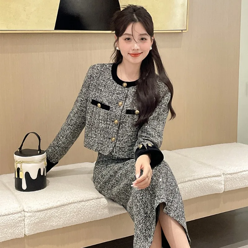 2024 New Women Tweed Cadigan Jacket + Pencil Midi Skirt Long Sleeve Single-breasted Small Fragrance Short Coat Two Piece Set