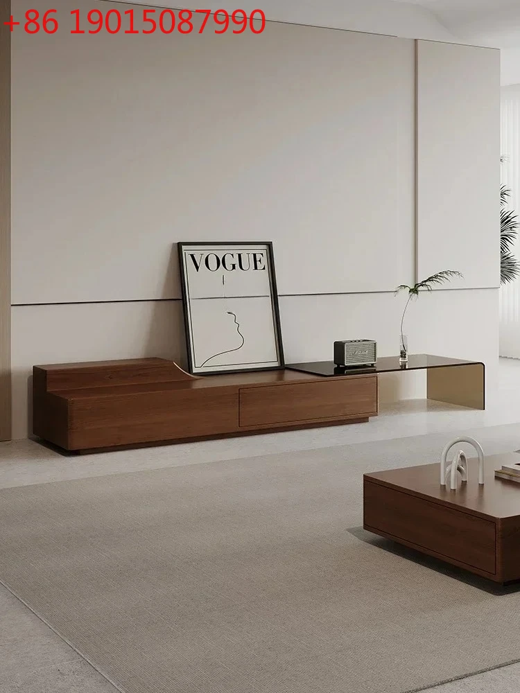 TV Cabinet And Tea Table Combination Solid Wood Living Room Floor Cabinet Floor Italian Minimalist Retractable Glass
