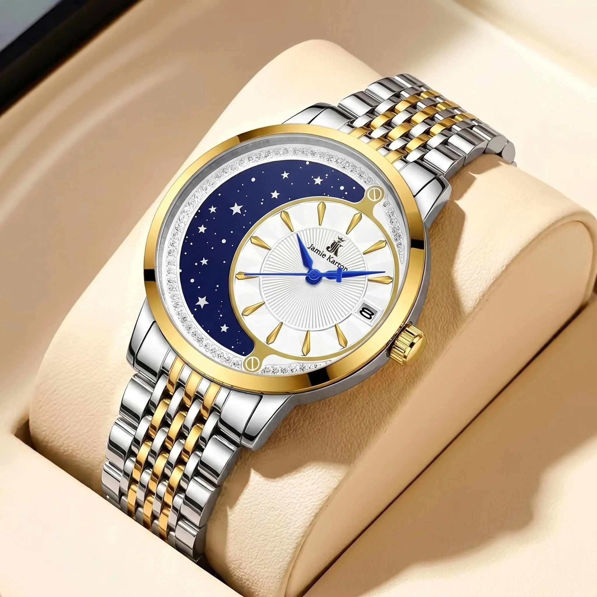 Men’s Casual Quartz Wristwatch with a Gold and Silver Strap; the Dial Features a Moon Motif, Making It an Ideal Gift