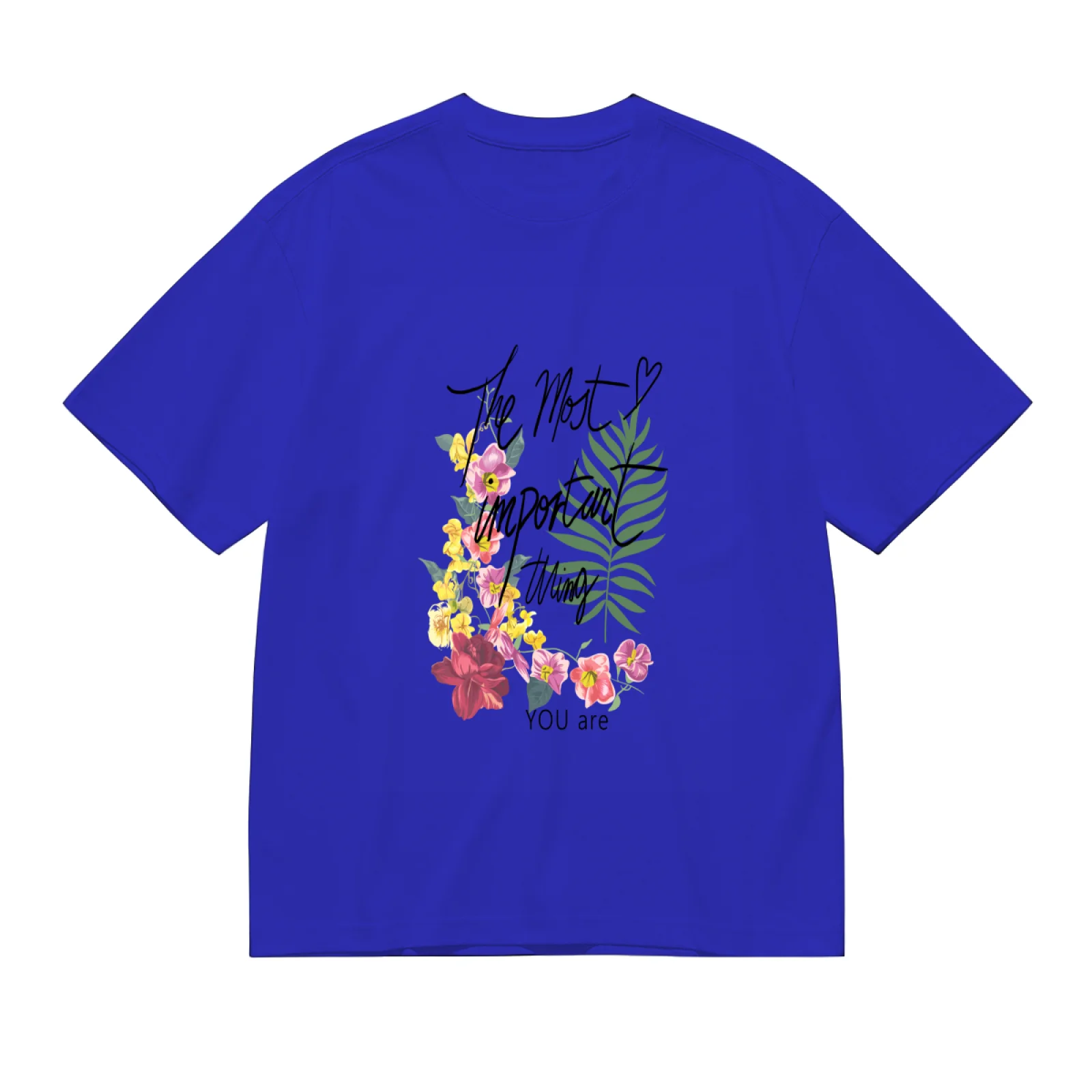Kawaii Flower Print T-Shirt, Cute Botanical Letter Graphic Tee, Trendy Harajuku Style Casual Summer Shirt, Unisex Blue Short Sleeve Top