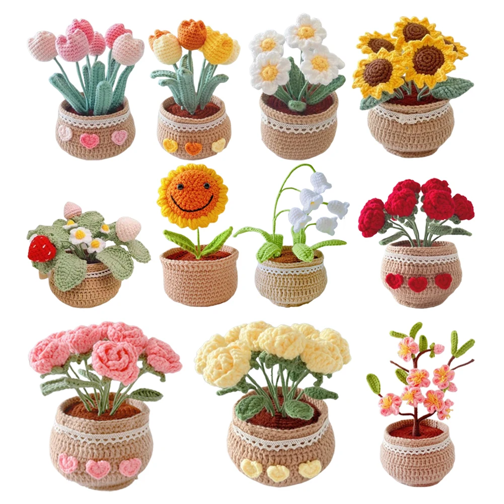 DIY Artificial Small Potted Plants with Video Tutorials Hand Woven Knitting Kit Wear Resist for Home Room Decor Desktop Ornament
