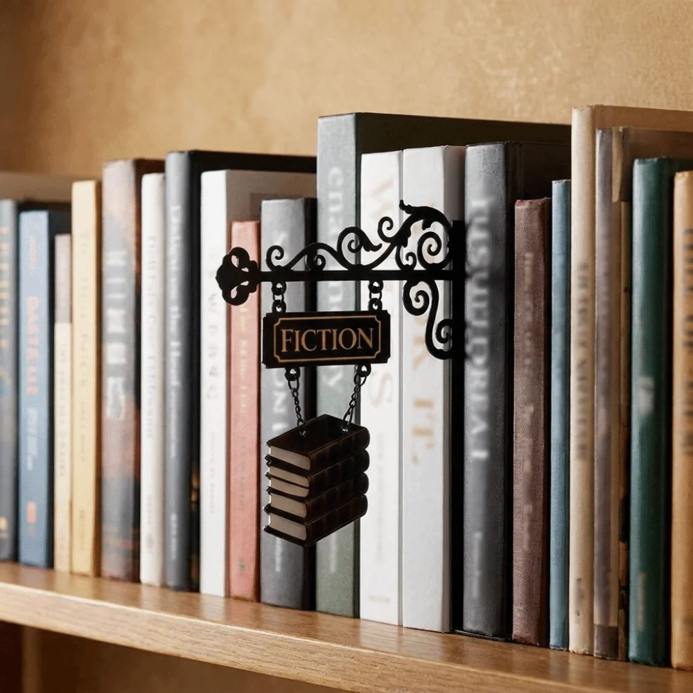 Creative Metal Book Divider Decorative Lightweight Bookend Hanging Plaque Book Pattern Library Wall Bookshelf Home Library