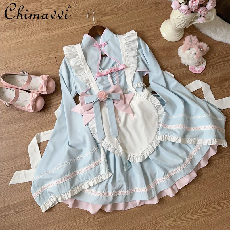 Lolita Original Autumn and Winter Chinese Style Ji Sleeve Maid Dress Sweet and Cute Bow High Waist Kawaii Short Lo Dresses