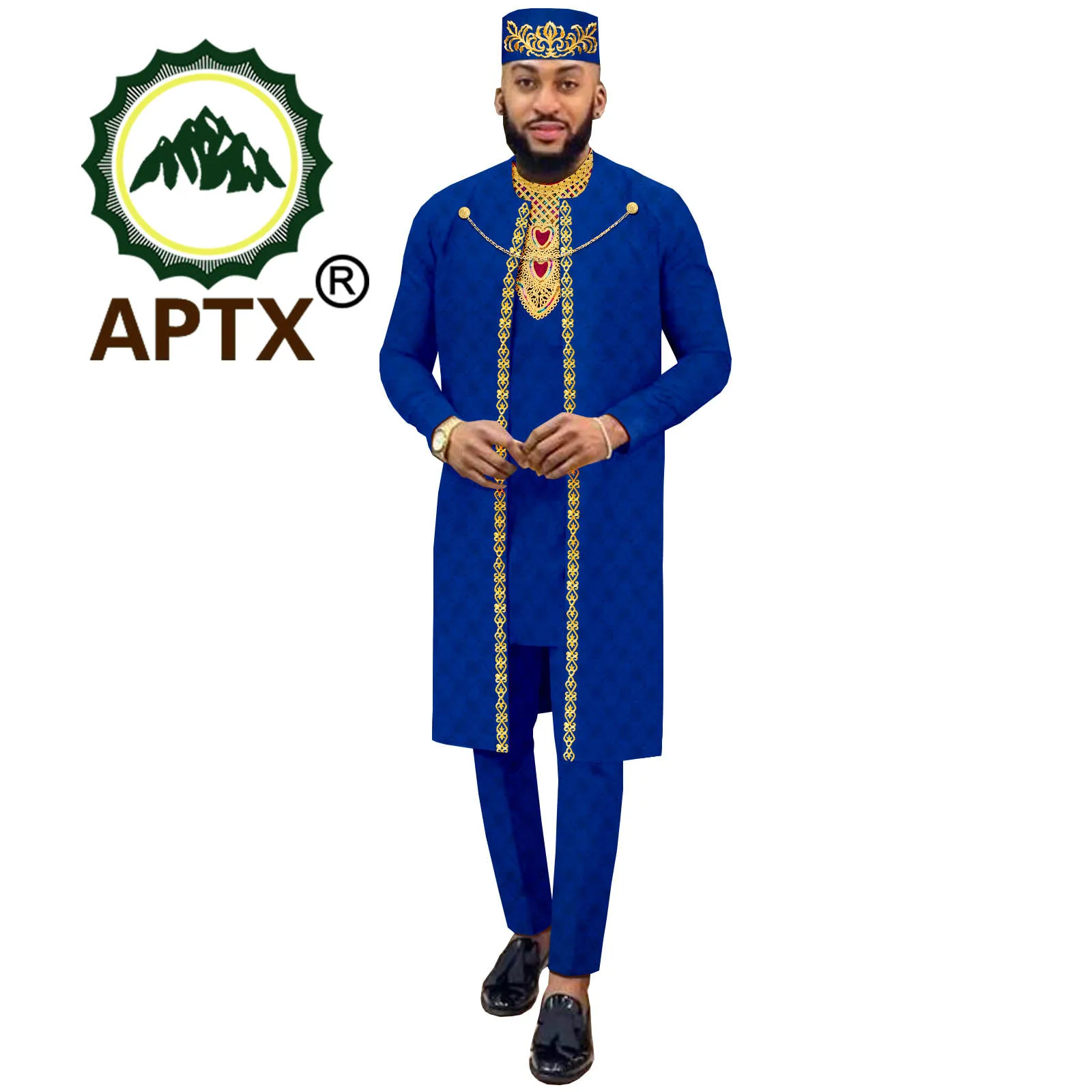 African Clothing for Men Embroidered Jacket Shirt Trousers Hat 4 Piece Bazin Riche Set Wedding Evening Wear A2216013