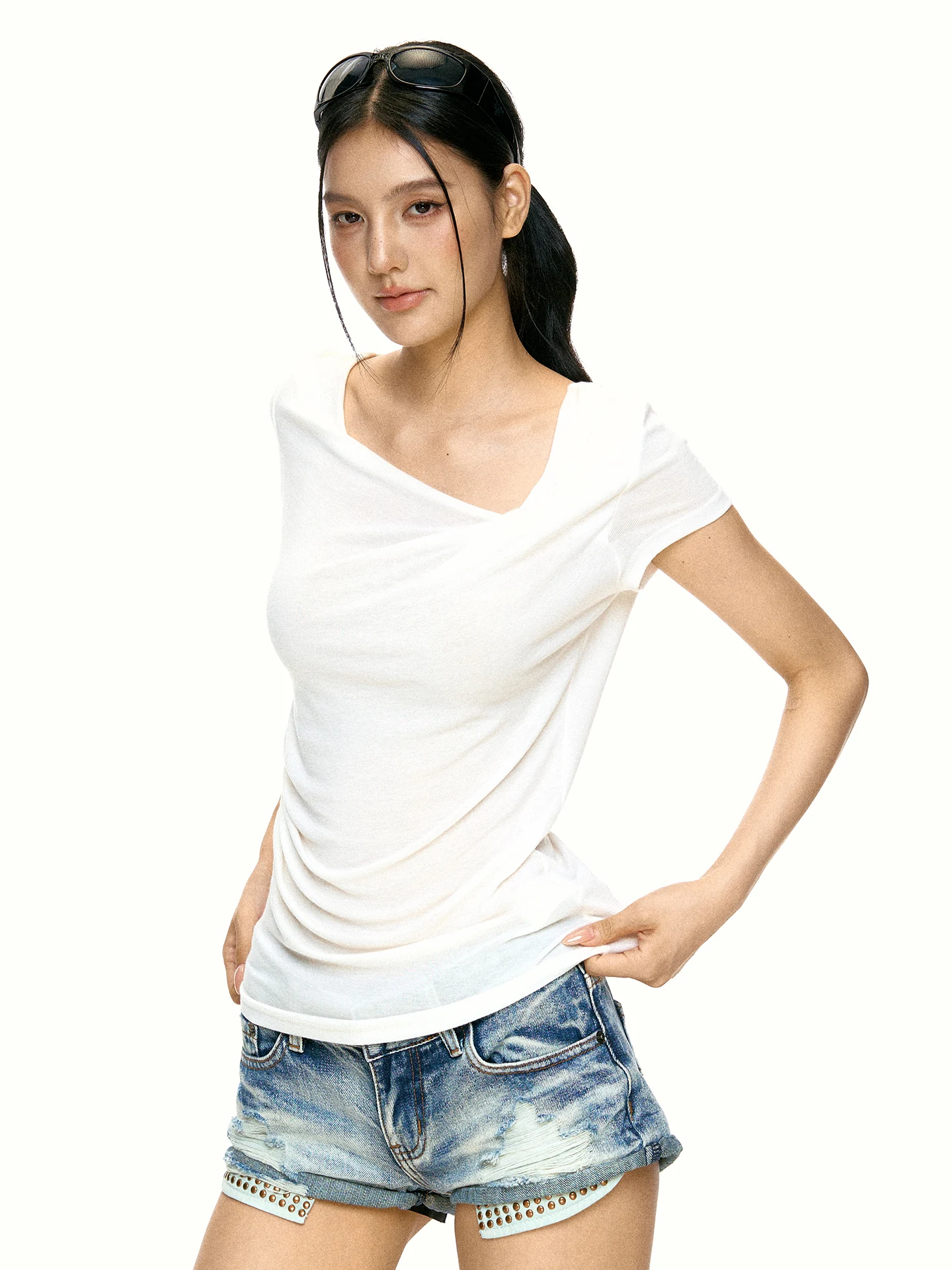 Aaisup White Slim Fit Short Sleeve T-Shirt Women's Summer Design Sense Waist Cinching Slimming Versatile Trendy Top