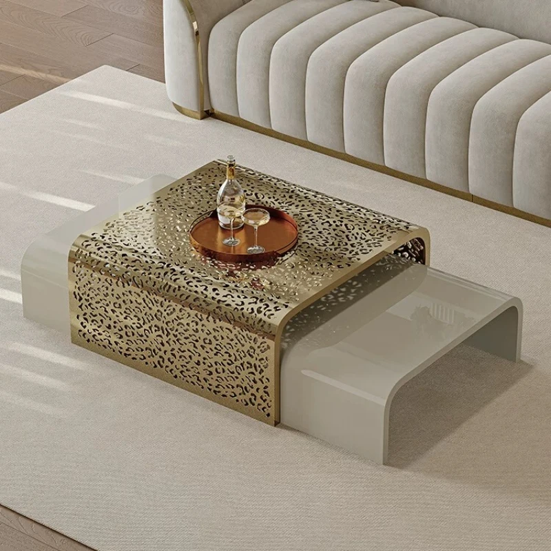 Italian Light Luxury Retractable Coffee Table High-end Stainless Steel Metal Hollow Edge Side Tables Combination Home Furniture