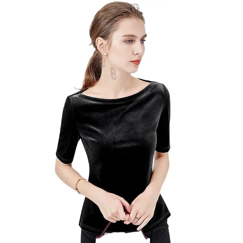 Camiseta de terciopelo de media manga con cuello oblicuo de estilo coreano para mujer de verano y otoño, camisa de terciopelo de talla grande para oficina para mujer
