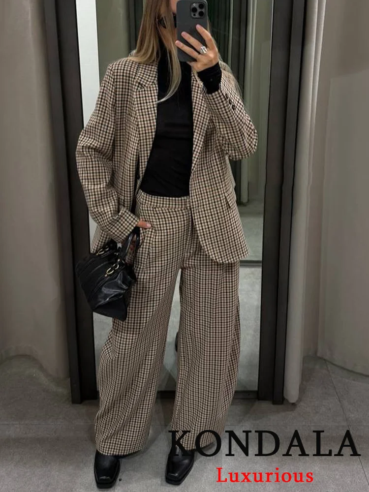 

KONDALA повседневный шикарный офисный женский костюм в клетку, пиджак на пуговицах с длинными рукавами, длинные прямые брюки, новая мода, осенние комплекты 2025 г.