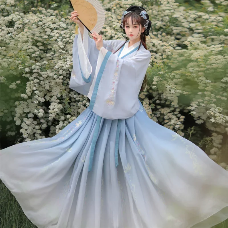 Hanfu gaun dansa panggung bordir tradisional Tiongkok, kostum Cosplay Hanfu gradien biru & hijau untuk wanita