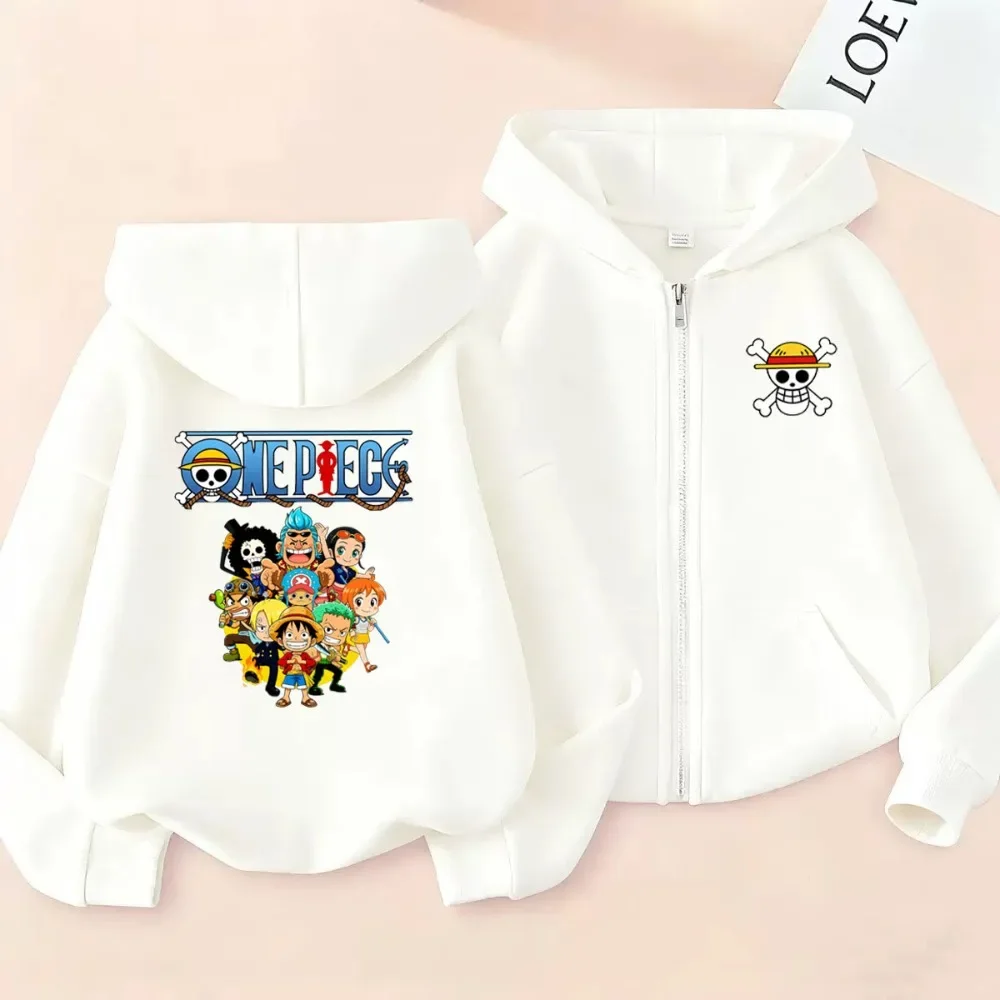 Cartoon Print Clothes Anime One Pieces Zipper Hoodie Kids Long-sleeved Luffy Hooded Sweatshirt Casual Printed Top for Boys Girls