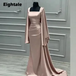 Eightale Rose Champagne Muslim Evening Dresses Satin Mermaid Prom Wedding Party Gown Square Collar Customized Robes De Soirée