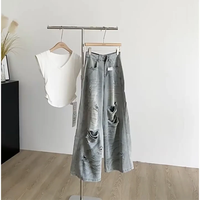 

American Retro Holes Denim Long Pants Women Summer High Waist Wide Leg Trousers Cool Girl Streetwear Style Jeans