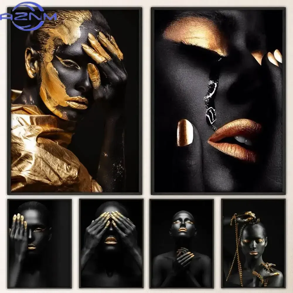 Woman Golden Makeup Dark Style Fancy Wall Sticker for Living room bar retro decorative painting room