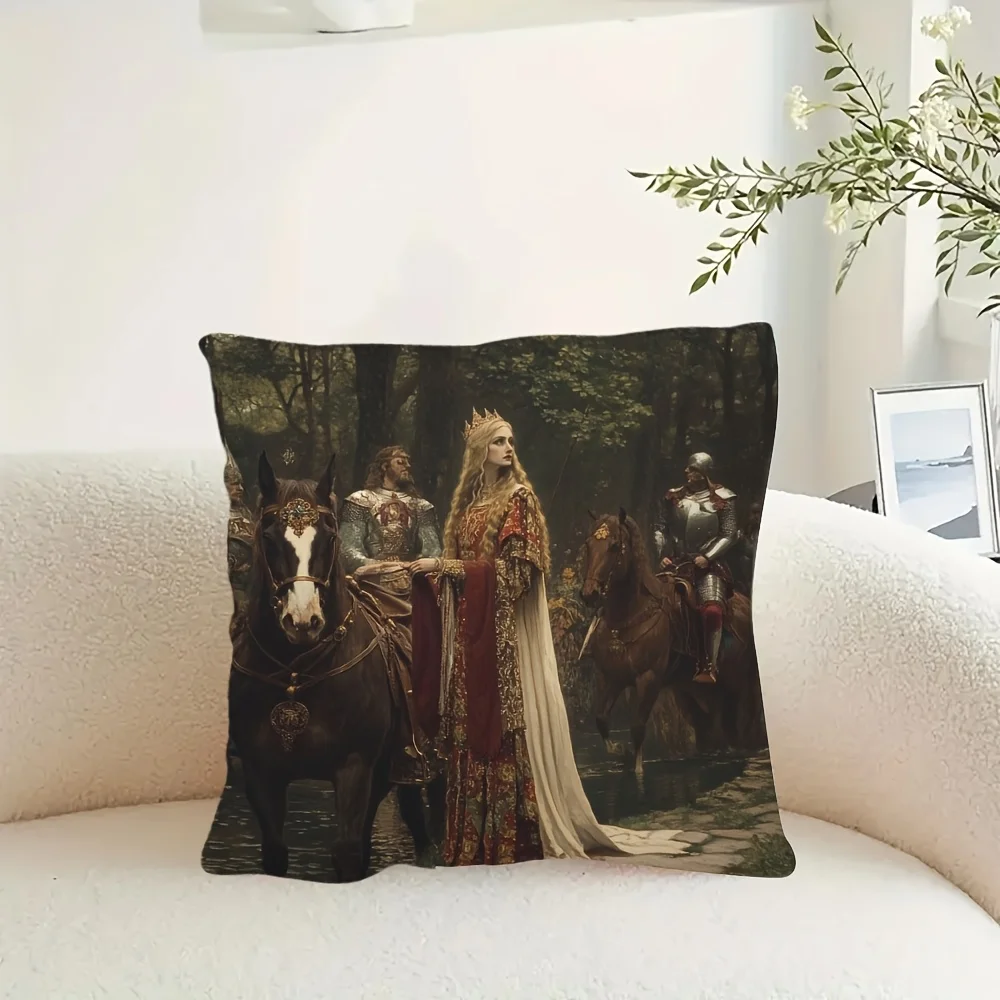 1pc Medieval Queen & Knights Pillow Cover, Polyester 2D Double-Sided Print, Vintage Fantasy Forest Royalty Art, Gothic Home & Ca