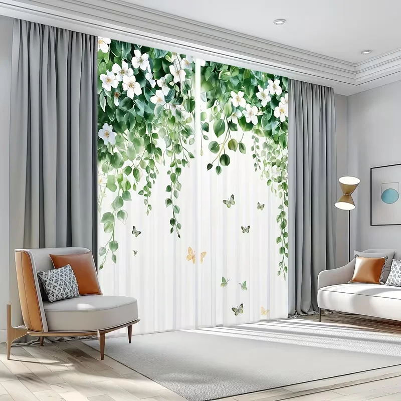 2PCS Watercolor Green Vine & White Floral Sheer Curtains - Lush Botanical Window Drapes with Butterflies