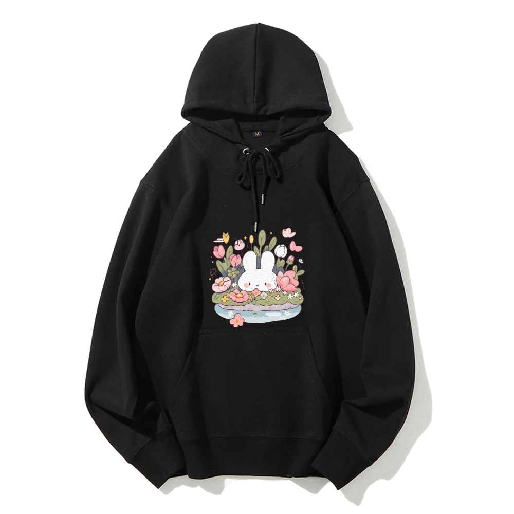 Graphic Hoodie Cute Bunny in Floral Basket Print Sweet Innocent Y2k Design Style Soft Fabric for Lovable Casual Looks
