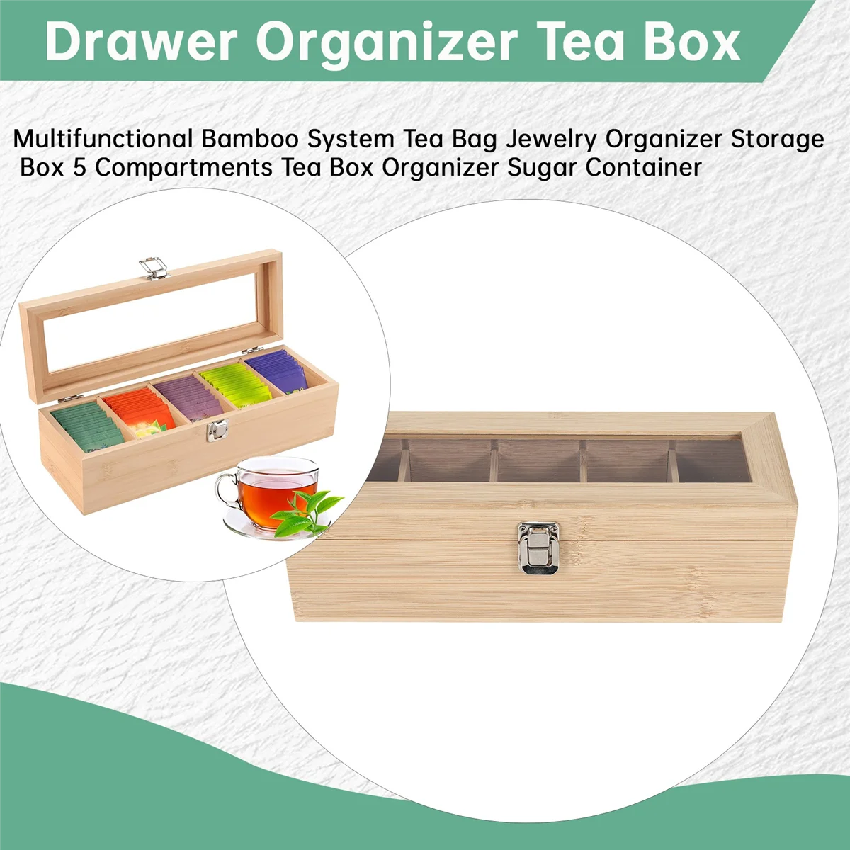 X11AA متعددة الوظائف الخيزران نظام الشاي كيس مجوهرات المنظم صندوق تخزين 5 مقصورات صندوق الشاي المنظم حاوية السكر #2