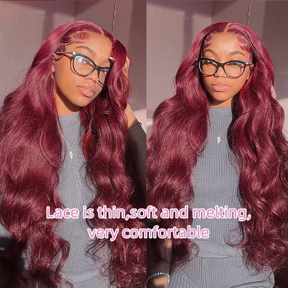 Perruque Lace Front Wig Body Wave Naturelle Rouge Bordeaux 99J, Cheveux Humains Colorés, 13x6 HD, 13 Tages