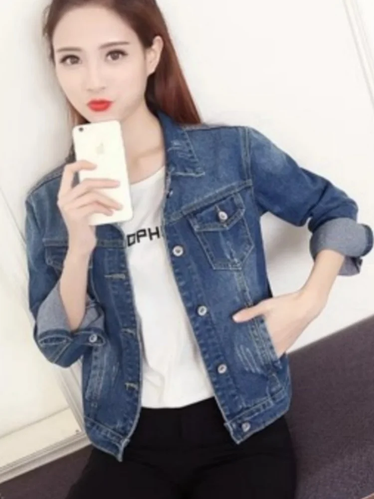 Blue Denim Short Jacket Women's Spring Autumn Slimming Long Sleeve Coat Top Button Design Handmade Ripped Jeans Pocket Detail