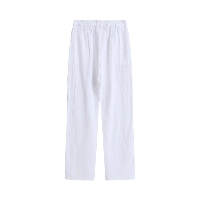 Basic Solid Color Thin Men's Pants Cotton Linen Trousers Fashion Baggy Straight Pant Drawstring Elasticated Waist Casual Pants