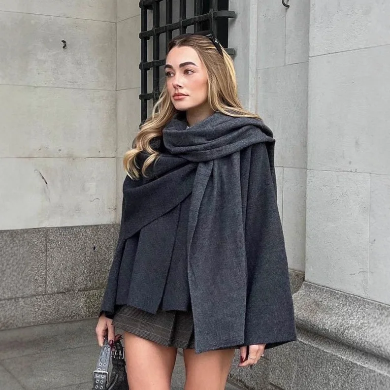 F/W Women's Cropped Knit Coat with Scarf Collar Asymmetrical Short Sleeve European Minimalist Style Autumn Layering Essential