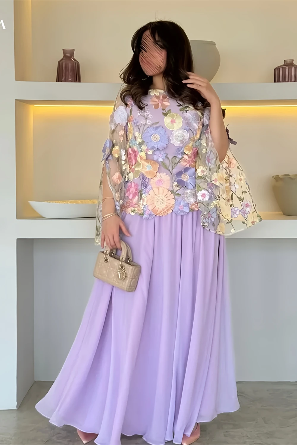 

Фиолетовые платья для выпускного вечера с блестками и цветочным принтом, съемная шаль по индивидуальному заказу == трапециевидное платье noche mujer