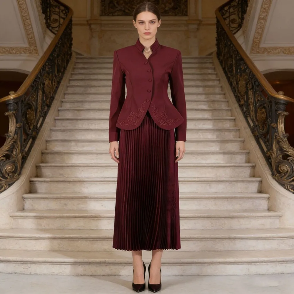Elegant Solid Two Piece Set Women Stand Collar Long Sleeve Spliced Button Tops High Waist Skirt Set Commuting Casual Style