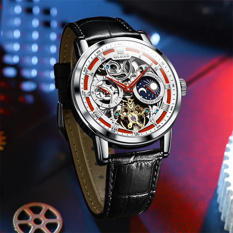 Reloj Hombre OLEVS Automatic Mechanical Watches Men Hollow Tourbillon Waterproof Sport Watch Luxury Luminous Moon Phase Clock