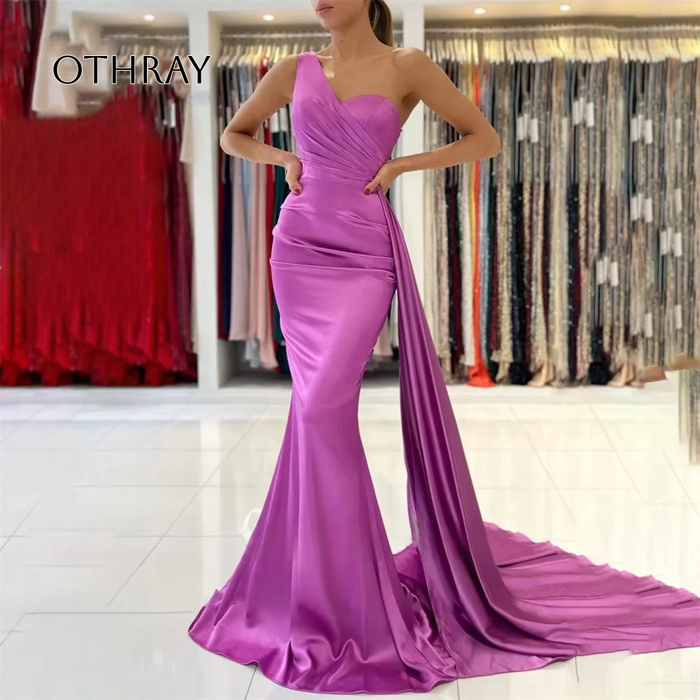 

Sexy Evening Dresses Trumpt One Shoulder Party Dresses Satin Pleats with Train Formal Dresses Vestidos De Fiesta فساتين ا