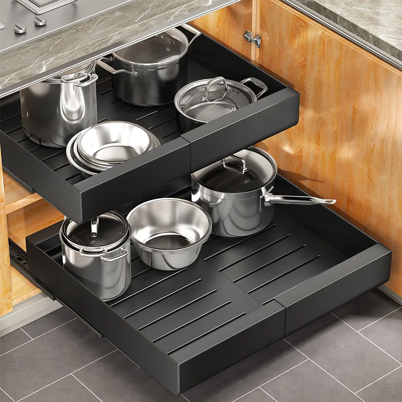 Four Way Expandable Pull Out Cabinet Basket Three Quiet Slide Rails Carbon Steel Kitchen Under Sink Organizer Spice Dish Pantry