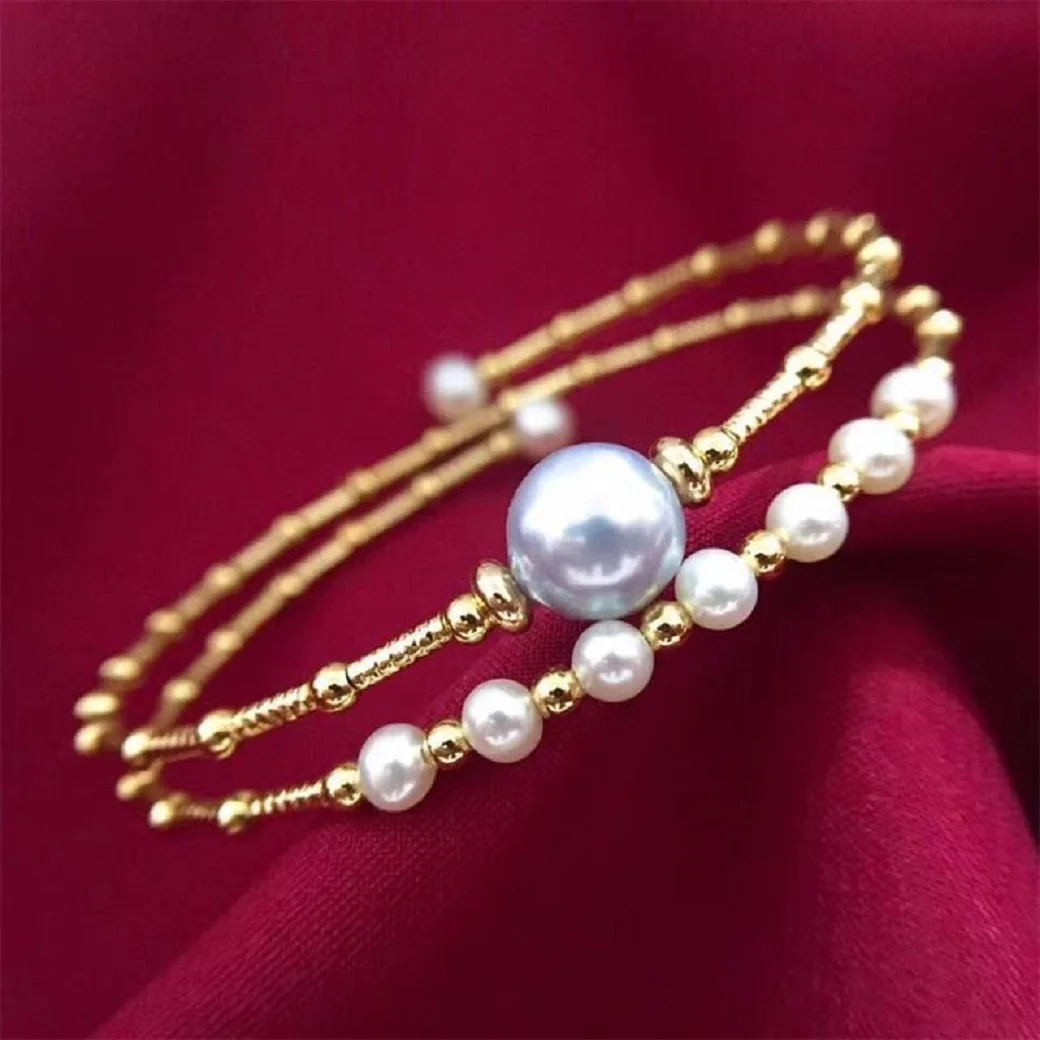 Gorgeous Round South Sea Golden pearl bracelet Simple 3-4mm Pearl 14k Gold Injected Double Layer Elastic adjustable