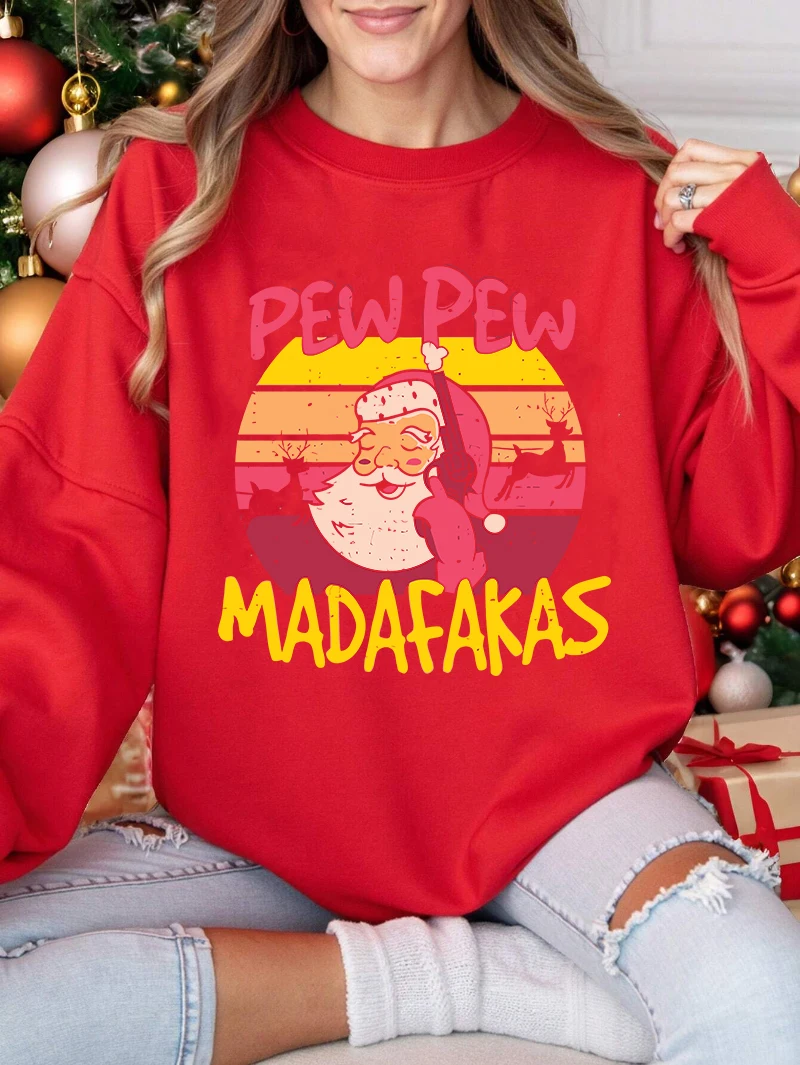 Christmas Sweatshirt Women Pew Madafakas Prints Casual Hoodie Fleece Crewneck Loose Pullovers Festival Red Clothes Woman Tops