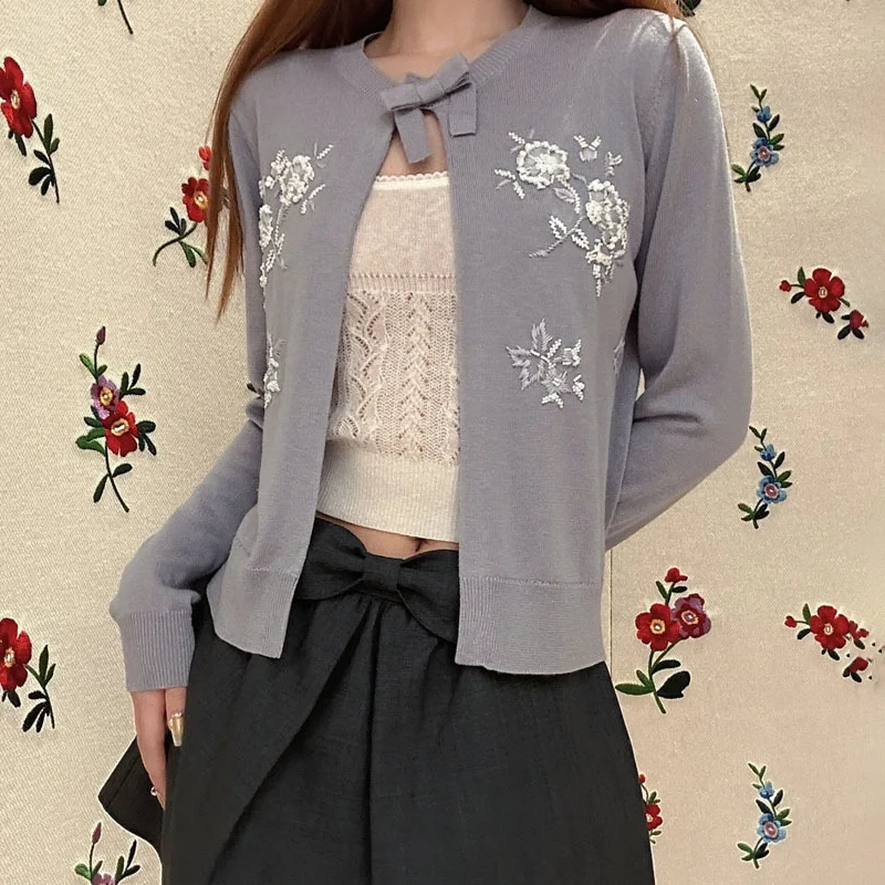 cardigan women New autumn 2024 Handmade flower bead women's long sleeved top Cashmere blend Women's sweater y2k Elastic Knitwear