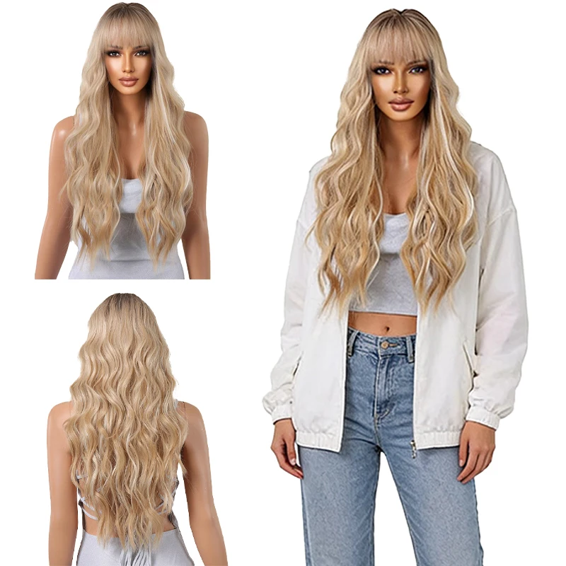 

Glueless Long Wavy Blonde Wig with Bangs for Women Heat Resistant Synthetic Full Wig Easy to Wear for Daily Halloween Party