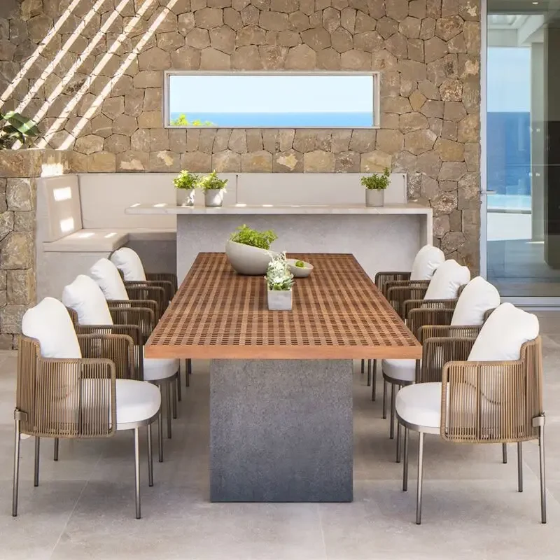 Simple light luxury art designer furniture woven rattan teak stainless steel rattan chair tea table