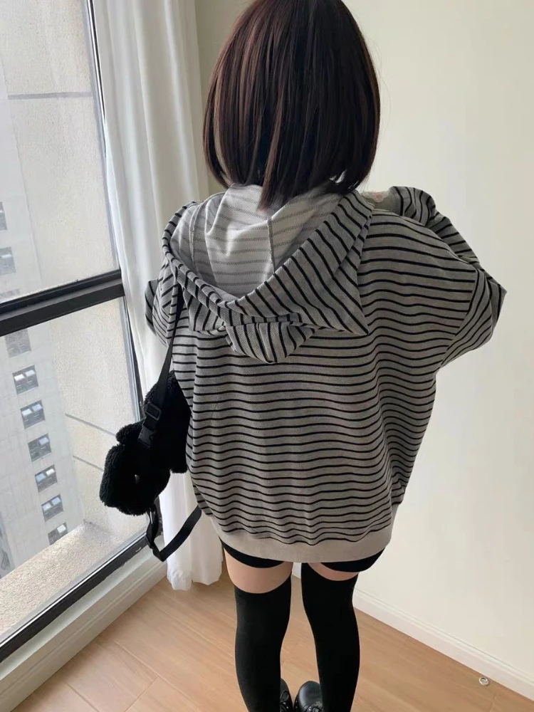 QWEEK Japanese Harajuku Kawaii Zip Up Hoodie Soft Sweet Girls Striped Cutecartoon Embroidery Sweatshirt Zipper Gray Top 2024