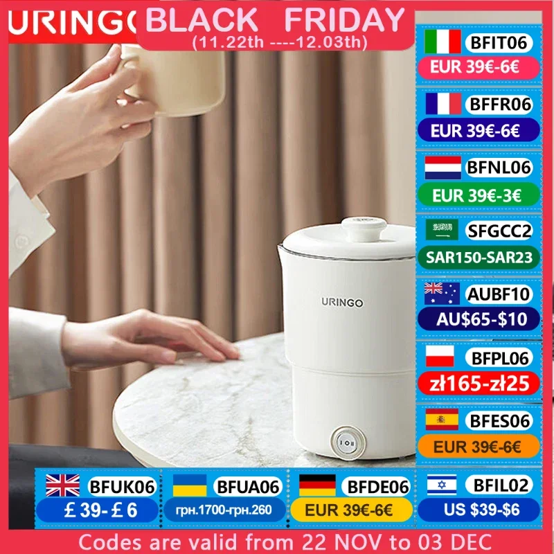 URINGO-olla eléctrica plegable de 220V, hervidor de agua portátil, multifuncional, de acero inoxidable, para viaje y oficina, 800ML