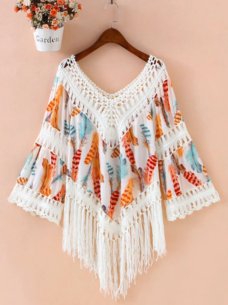 

Пальто с длинными рукавами из полиэстера, с бахромой, открытыми плечами, свободного кроя, с вырезами, универсальное, для путешествий