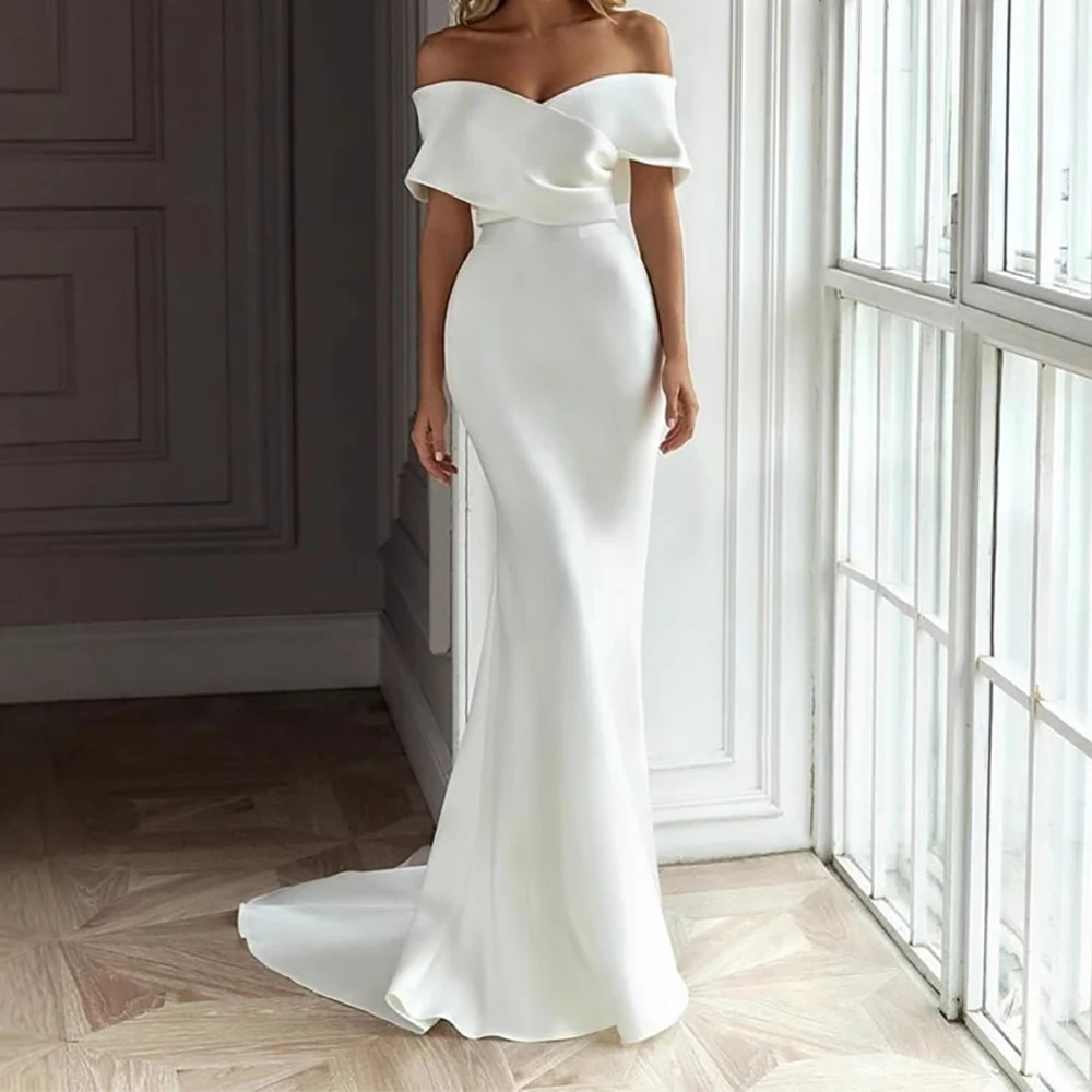 Vrouwen elegante off-shoulder witte trouwjurk slanke korte mouw mode bodycon formele kleding vrouwelijke lange zoom prom maxi-jurken