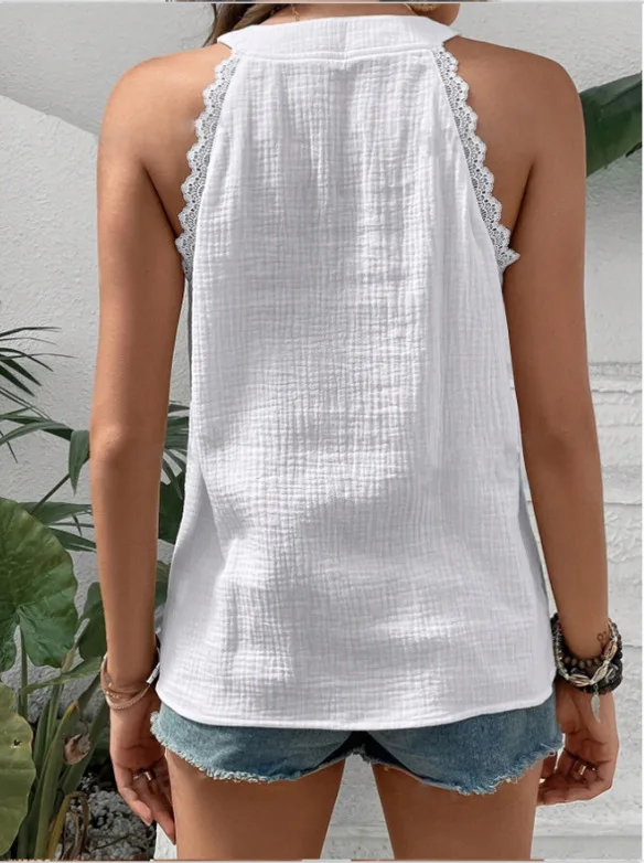 2025 Summer Women's Vest White V-neck Off-shoulder Top Black Simple Lace Casual Basic Sleeveless Shirt Tank for Female