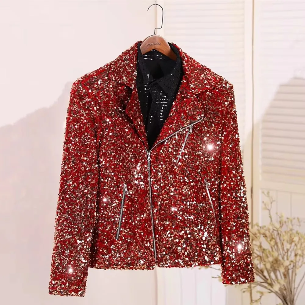Men's Red Sequin Velvet Motorcycle Jacket Casual Zipper Coat Punk Singer Bar Celebration Concert Stage Performance Costume
