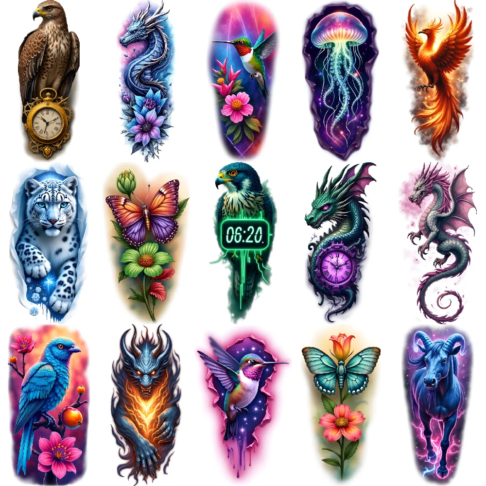 

9pcs Temporary Tattoo Flaming Dragon Waterproof Long-lasting Body Stickers Phoenix Griffin With Flowers For Adults Thighs Back
