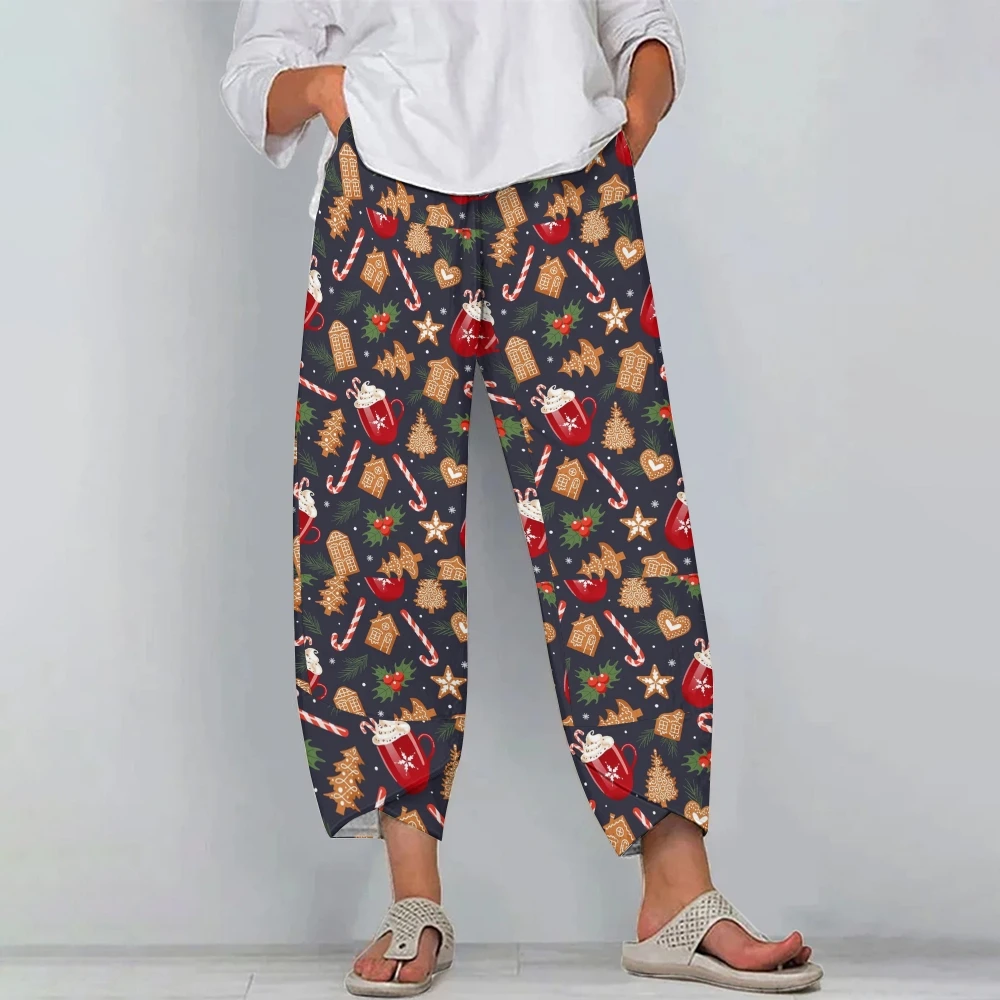 Pantaloni da spiaggia da donna casual Regalo di Natale Pantaloni a gamba larga stampati Pantaloni a nove punte in tessuto di alta qualità alla moda