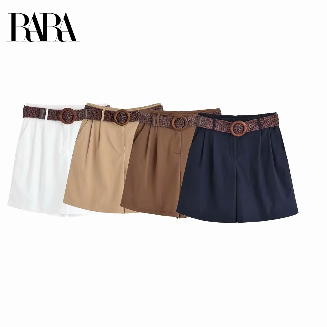 

RARA Women's Summer New Belt Decorated Casual Loose Pleated Shorts Simple and Versatile