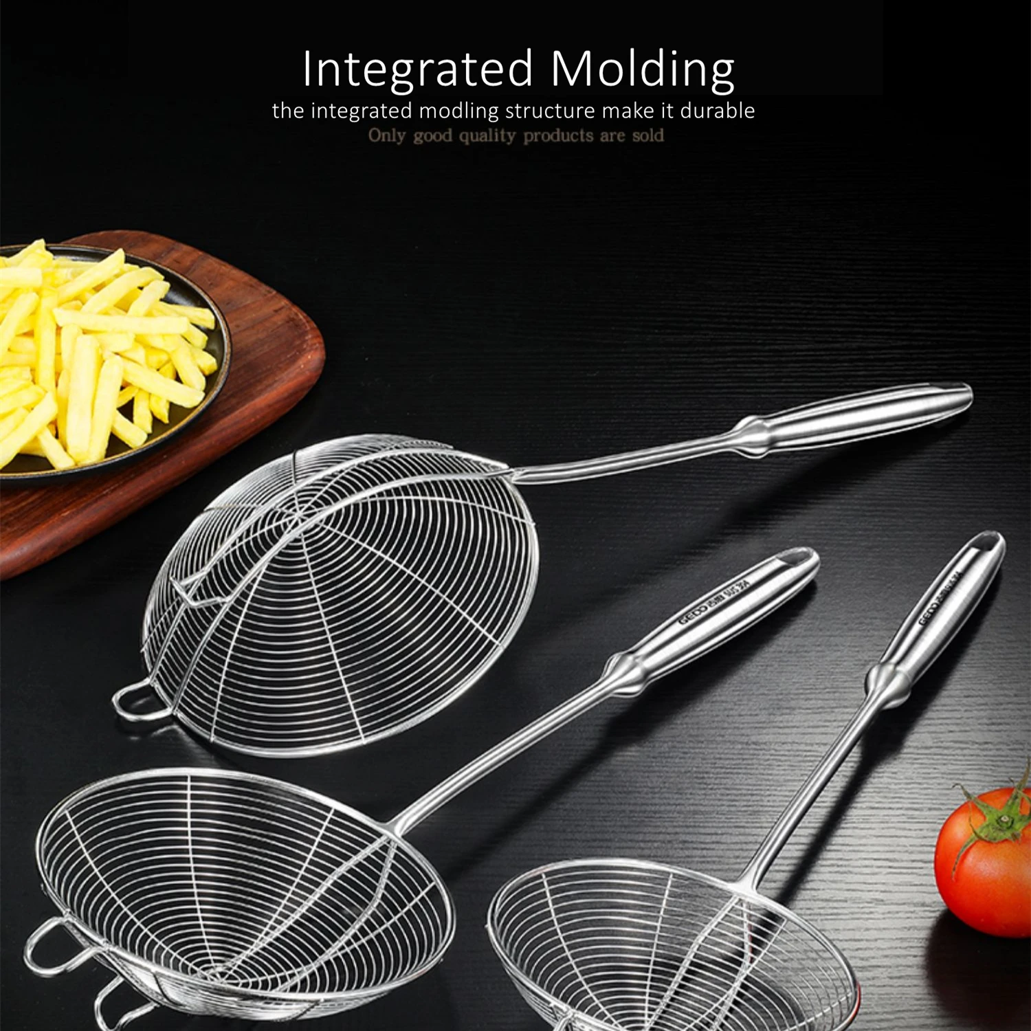LFGB Certification 304 Stainless Steel Kitchen Wire Colander with 2 Stopper Heat Insulation Handle Frying and Stewing Strainer