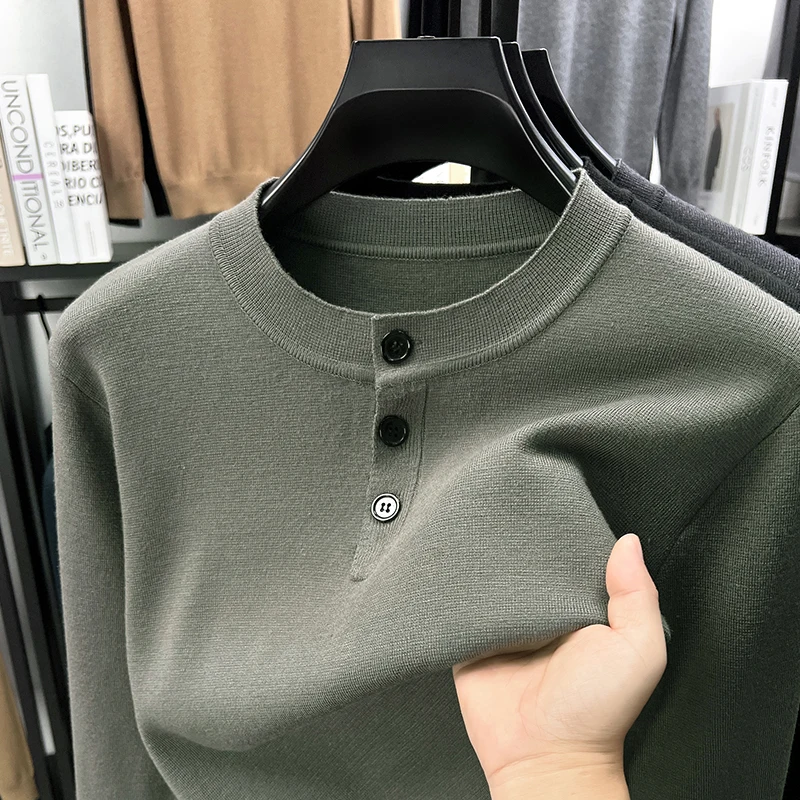 

Light luxury men button round neck sweater high-quality knit soft comfort texture simple solid color casual autumn new pullover