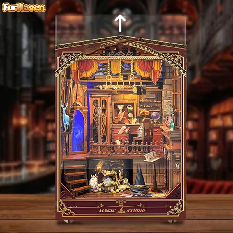 FurHaven Retro DIY Wooden Book Nook Figurines Miniatures Kits Magic Studio Bookshelf Home Bookend Decoration For Adult Gifts