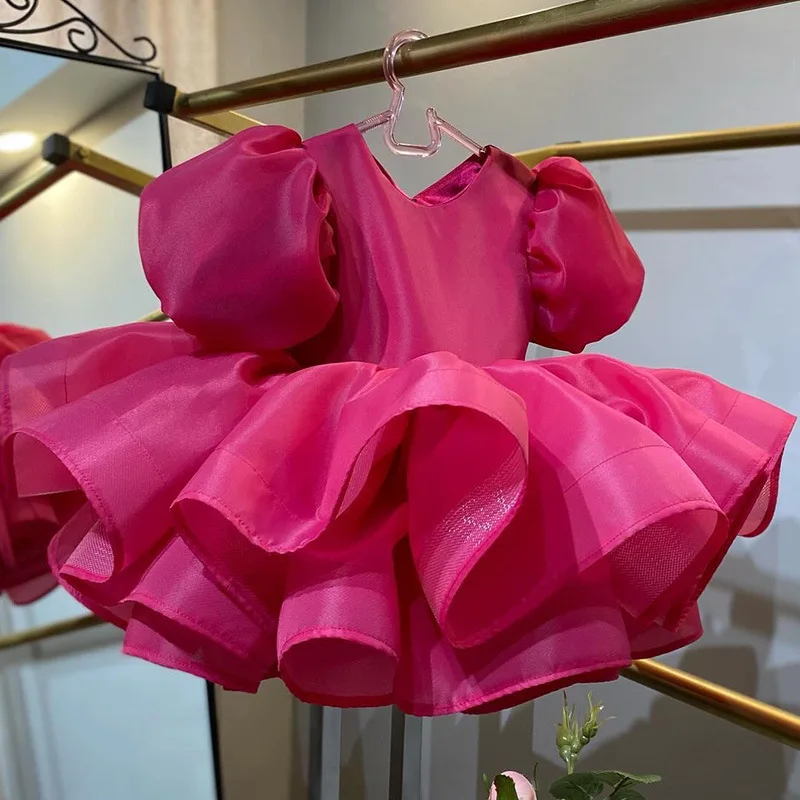 ใหม่ซาตินหรูหราชุดสาว Rose Red Bubble Sleeve PARTY เสื้อผ้าเด็กเสื้อผ้าเหมาะสําหรับ 0-12 ปี